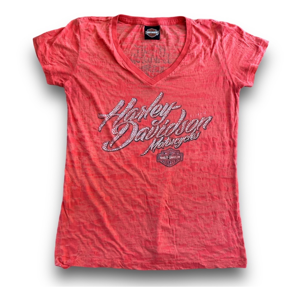 Harley Davidson Burnout Rhinestone Baby Tee T-Shirt Retro Y2K Orange Sz M